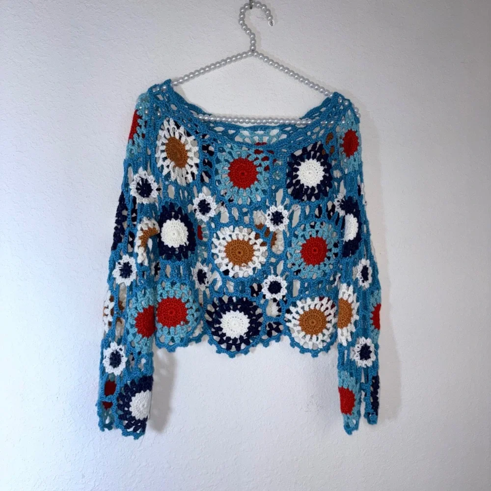 Unbranded Crochet Granny Square Top Small Blue Excellent Boho Floral Cropped